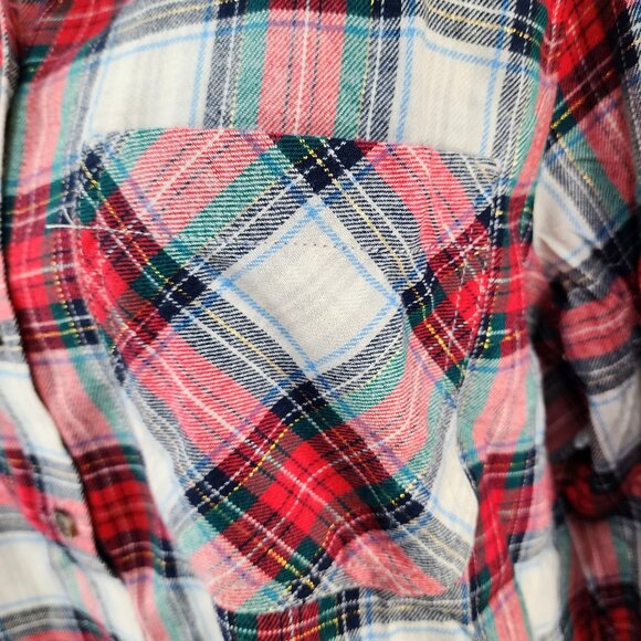 New Time & Tru Womens Large 12-14 White Red Green Plaid Button Up Flannel Shirt - Picture 7 of 11